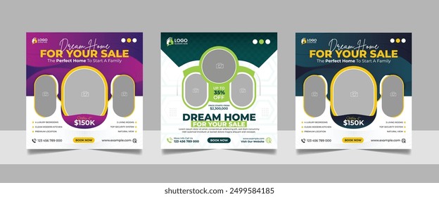 Real Estate House Property Social Media Post Set, Modern Home Furniture Sale Marketing Promotion Design, Square Flyer Web Banner Template.