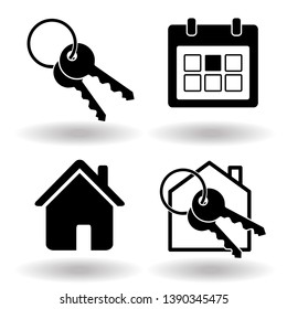 Real Estate Or House Rental Booking Solid Flat Black Icon Set. Key Ring And House And Calendar Organiser. Vector Web Icons