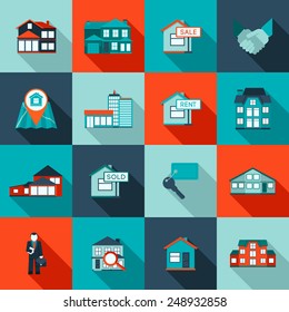 Real estate house residential apartment icon flat set isolated vector illustration