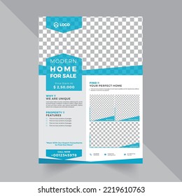 real estate house sale flyer design template with ocean blue color