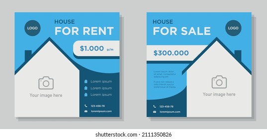 Real estate house social media post banner set, home for sale and rent advertisement concept, blue corporate marketing square ad, flyer, leaflet, isolated on grey background.