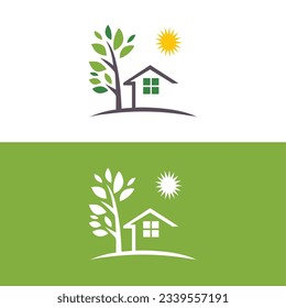 Real estate house with tree logo,Nature view logo illustration,Ecology tree logo vector,green tree organic logo.
