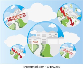 Real Estate Housing Bubble with Foreclosure and Home Value Arrow Illustration