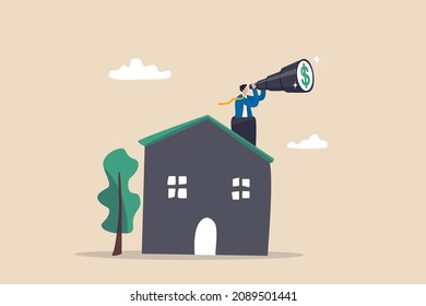 Real estate and housing investment opportunity, property growth forecast or vision, future mortgage or Reit profit concept, businessman investor with telescope climb up house chimney to see vision.