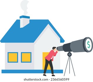 Real estate and housing investment opportunity, Property growth forecast or vision, Future mortgage or Reit profit, Stand with house to see vision with telescope

