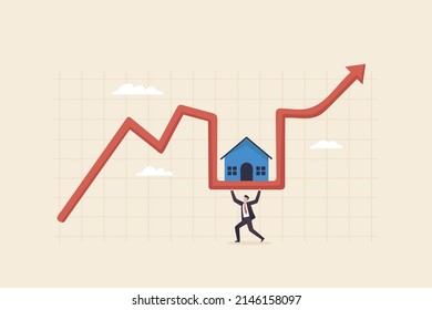 Real Estate Housing Market Bubble Inflation. Red Arrow On Chart Graph Showing Increase Of Price Of Houses. Businessman  Support House Price Chart.