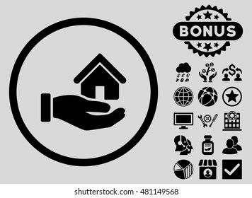 Real Estate icon with bonus. Vector illustration style is flat iconic symbols, black color, light gray background.