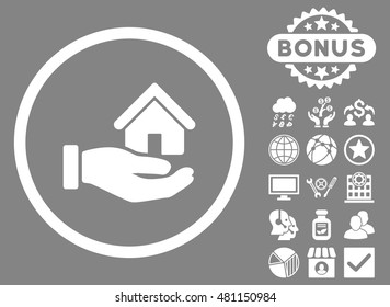 Real Estate icon with bonus. Vector illustration style is flat iconic symbols, white color, gray background.