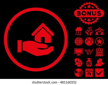 Real Estate icon with bonus. Vector illustration style is flat iconic symbols, red color, black background.
