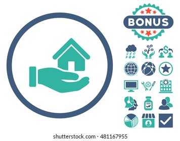 Real Estate icon with bonus. Vector illustration style is flat iconic bicolor symbols, cobalt and cyan colors, white background.