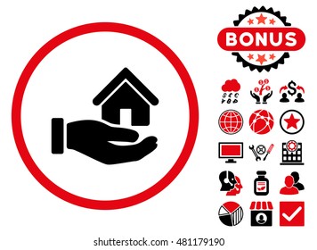 Real Estate icon with bonus. Vector illustration style is flat iconic bicolor symbols, intensive red and black colors, white background.