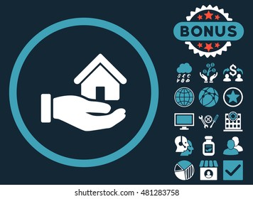 Real Estate icon with bonus. Vector illustration style is flat iconic bicolor symbols, blue and white colors, dark blue background.