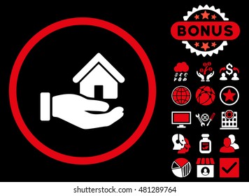 Real Estate icon with bonus. Vector illustration style is flat iconic bicolor symbols, red and white colors, black background.