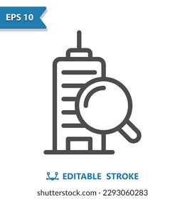 Real Estate Icon. Building, Office Building, Apartment Building, Magnifier, Magnifying Glass. Professional, pixel perfect vector icon.