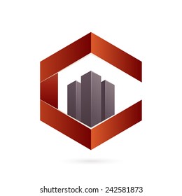 Real estate icon and C letter hexagon icon. Building vector logo