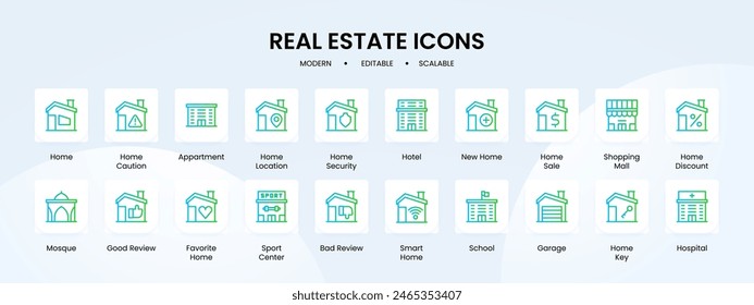 Real estate icon collection with blue and green gradient outline style. home, house, sale, apartment, building, mortgage, rent. Vector Illustration