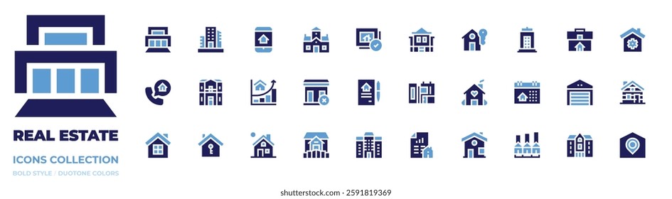 Real estate icon collection. Bold style. Duotone colors. dwelling, villa, conversation, dawn, home, house, real estate, mansion, no home, building.