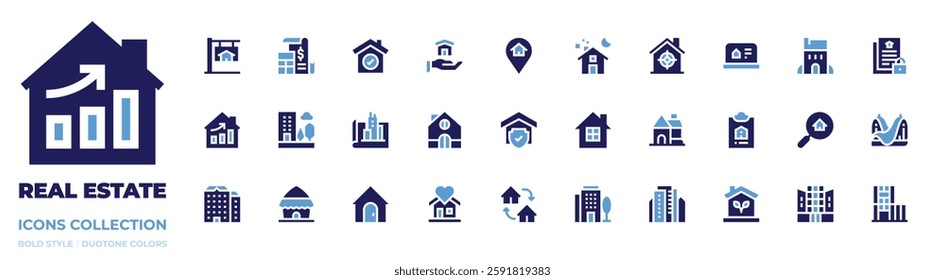 Real estate icon collection. Bold style. Duotone colors. property, success, architect, growing, flats, real estate, building, kutcha, sweet home, house.