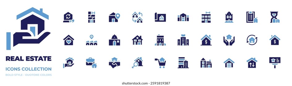 Real estate icon collection. Bold style. Duotone colors. house, deal, briefcase, buy home, home, building, insurance, relocate.