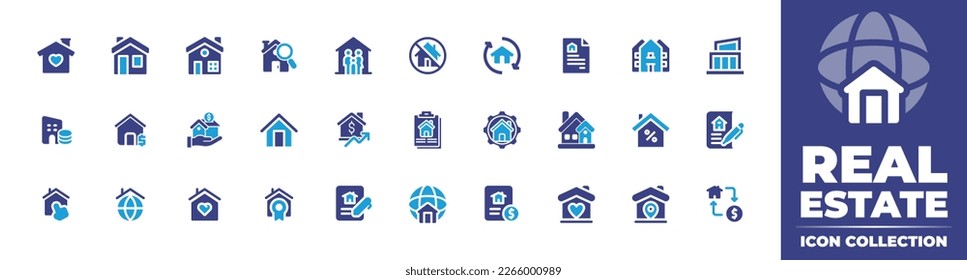 Real estate icon collection. Duotone color. Vector illustration. Containing home, house, inspection, family, homeless, resell, document, modern house, building, house rental, mortgage, price up.