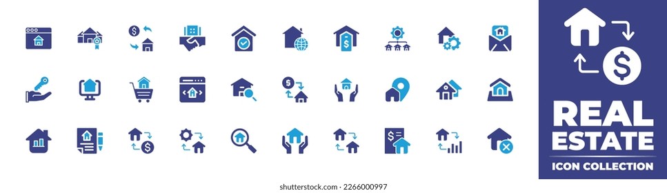 Real estate icon collection. Duotone color. Vector illustration. Containing home page, award, cost, deal, list, real estate, house, settings, construction, mail, house key, buy home, online shopping.