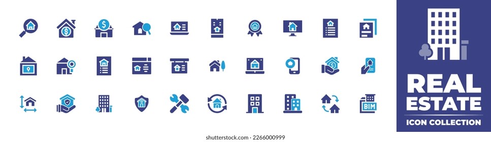 Real estate icon collection. Duotone color. Vector illustration. Containing real estate, card, dimension, property insurance, apartment, insurance, renovation, house, building, condominium, exchange.