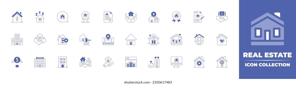 Sammlung von Immobilien-Symbolen. Duotone Stil Linie Strich und fett. Vektorgrafik. Enthält Immobilien, Haus, Werbung, Ort, Dokument, Vererbung, Wohn-, Preis-, Vertrag und mehr.