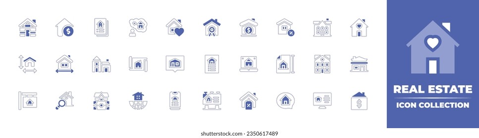 Real estate icon collection. Duotone style line stroke and bold. Vector illustration. Containing cabin, home value, brochure, expectation, house, real estate, dimension, measured, planning, and more.