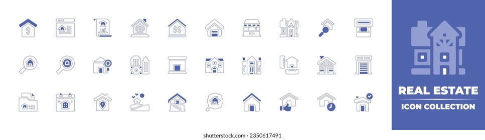 Real estate icon collection. Duotone style line stroke and bold. Vector illustration. Containing real estate, home, kiosk, villa, house, mansion, country house, home plan, cabin, garage, and more.