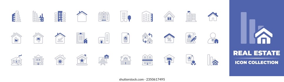 Real estate icon collection. Duotone style line stroke and bold. Vector illustration. Containing apartments, home, mansion, city building, apartment, thumb up, thumb down, statistic, and more.