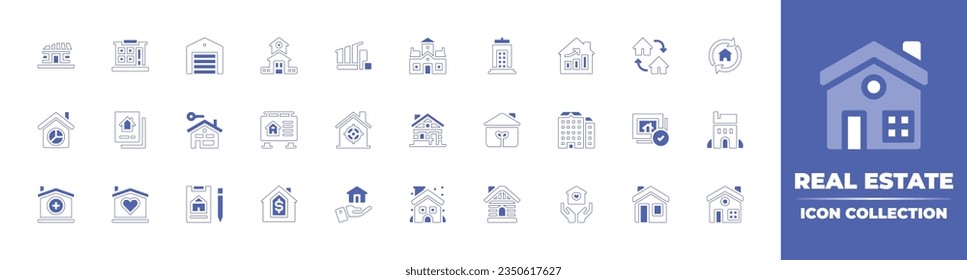 Real estate icon collection. Duotone style line stroke and bold. Vector illustration. Containing house, shelter, garage, mansion, building, growing, exchange, renovation, pie chart, and more.