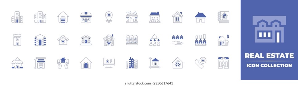 Sammlung von Immobilien-Symbolen. Duotone Stil Linie Strich und fett. Vektorgrafik. Mit Wohnung, Garage, Haus, Lage, Gebäude, Haus, Katalog, Turm, Baum, Kabine, Vererbung und mehr