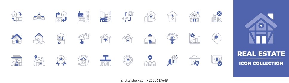 Real estate icon collection. Duotone style line stroke and bold. Vector illustration. Containing buy, parliament, refinancing, apartments, house, buy home, home, cottage, building, wooden, and more.
