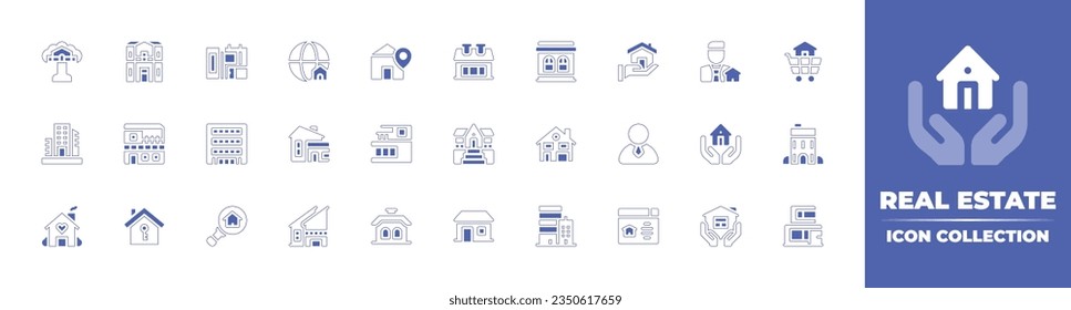 Real estate icon collection. Duotone style line stroke and bold. Vector illustration. Containing tree house, house, modern house, world map, buy home, real estate agent, real estate, and more.