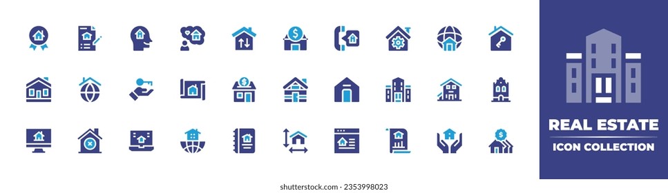 Colección de iconos inmobiliarios. Color de duotona. Ilustración vectorial y transparente. Conteniendo premios, contratos, pensamiento, expectativas, vivienda, bienes raíces, apoyo, casa, clave, globo, propiedad y más.