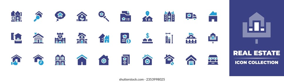 Real estate icon collection. Duotone color. Vector and transparent illustration. Containing villa, house, dream, eco house, property, documents, location, mansion, real estate, home plan, and more.