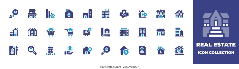 Real estate icon collection. Duotone color. Vector and transparent illustration. Containing house, villa, sales, real estate, apartment, building, deal, key, sale, presentation, dimensions, and more.