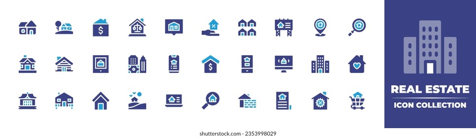 Real estate icon collection. Duotone color. Vector and transparent illustration. Containing villa, house, real estate, home, search, wooden house, furniture, bungalow, and more.