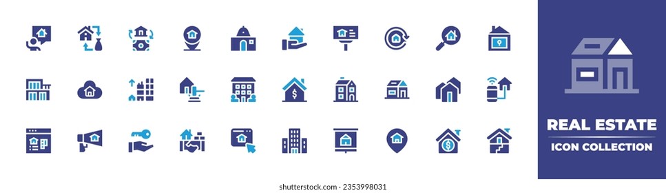 Real estate icon collection. Duotone color. Vector and transparent illustration. Containing realtor, buy home, income, location, house, billboard, renovation, check, real estate, chalet, and more.