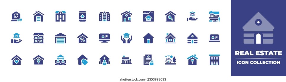 Real estate icon collection. Duotone color. Vector and transparent illustration. Containing house, garage, real estate, mansion, address, home page, key, cottage, mortgage, shelter, home, and more.