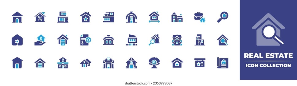 Colección de iconos inmobiliarios. Color de duotona. Ilustración vectorial y transparente. Conteniendo vivienda, descuento, dúplex, mejor propiedad, casa, medida, maletín, investigación, establecimiento, hipoteca, y más.