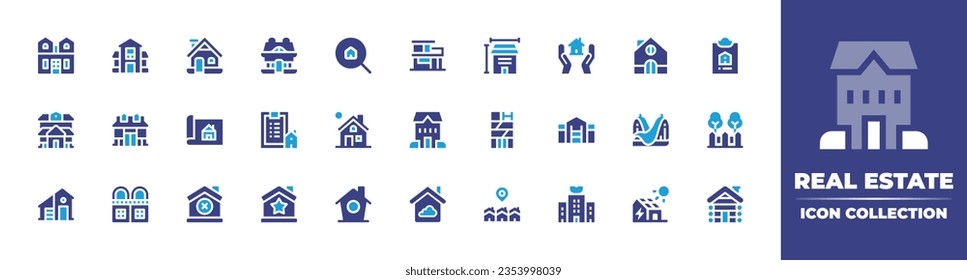 Real estate icon collection. Duotone color. Vector and transparent illustration. Containing house, search house, measurement, home, design, plane, checklist, dawn, building, modern house, and more.