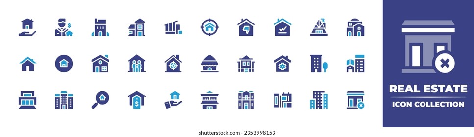 Real estate icon collection. Duotone color. Vector and transparent illustration. Containing house, broker, home, target, thumb down, statistic, real estate, family, kutcha, home repair, and more.