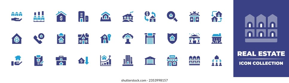 Real estate icon collection. Duotone color. Vector and transparent illustration. Containing real estate, dollar, apartment, land, cabin, mortgage, house, exchange, buy home, tree house, and more.