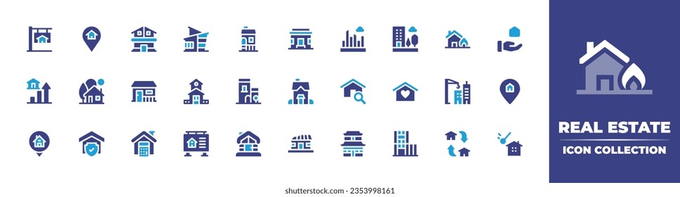 Real estate icon collection. Duotone color. Vector and transparent illustration. Containing property, location pin, house, cityscape, building, fire, mortgage, price growth, village, search, and more.