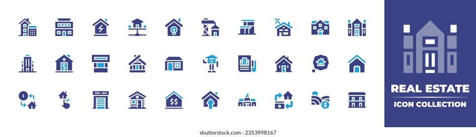 Real estate icon collection. Duotone color. Vector and transparent illustration. Containing calculations, office building, efficient, house, idea, construction, mansion, country house, and more.