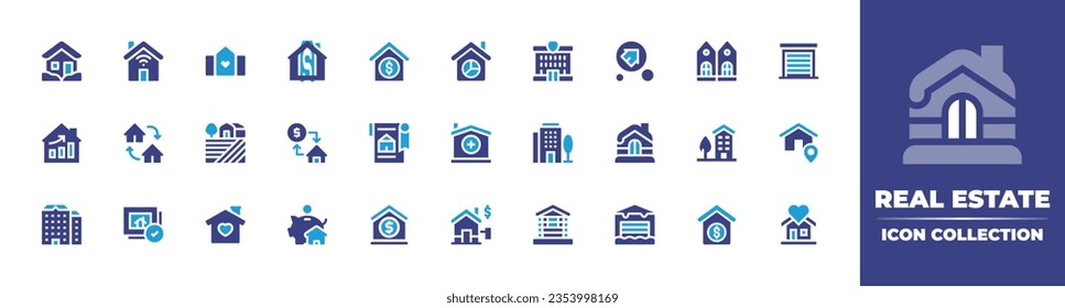 Real estate icon collection. Duotone color. Vector and transparent illustration. Containing house, smart home, real estate, money, pie chart, police station, risk, twin, garage, growing, and more.