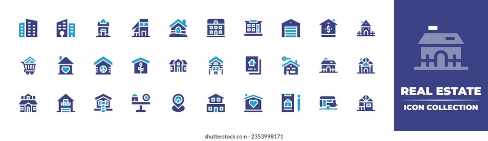 Real estate icon collection. Duotone color. Vector and transparent illustration. Containing city building, house, shelter, garage, buy, sold, home, eco house, cottage, lodge, house rental, and more.