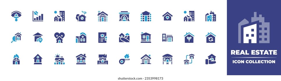 Real estate icon collection. Duotone color. Vector and transparent illustration. Containing crying, graph, city building, no house, cabin, fireplace, log, house, apartments, home, insurance, and more.