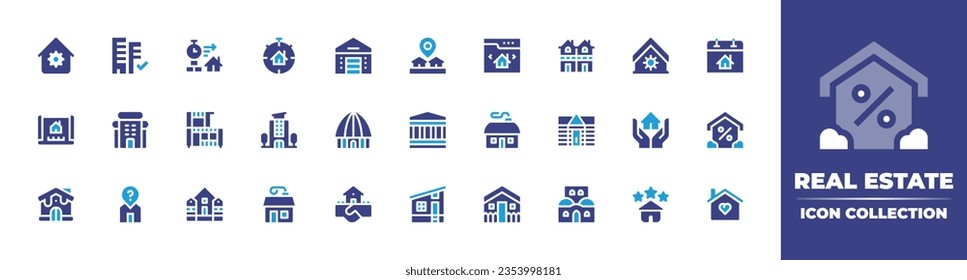 Real estate icon collection. Duotone color. Vector and transparent illustration. Containing smarthome, apartments, process, deadline, warehouse, placeholder, website, duplex, heating, and more.